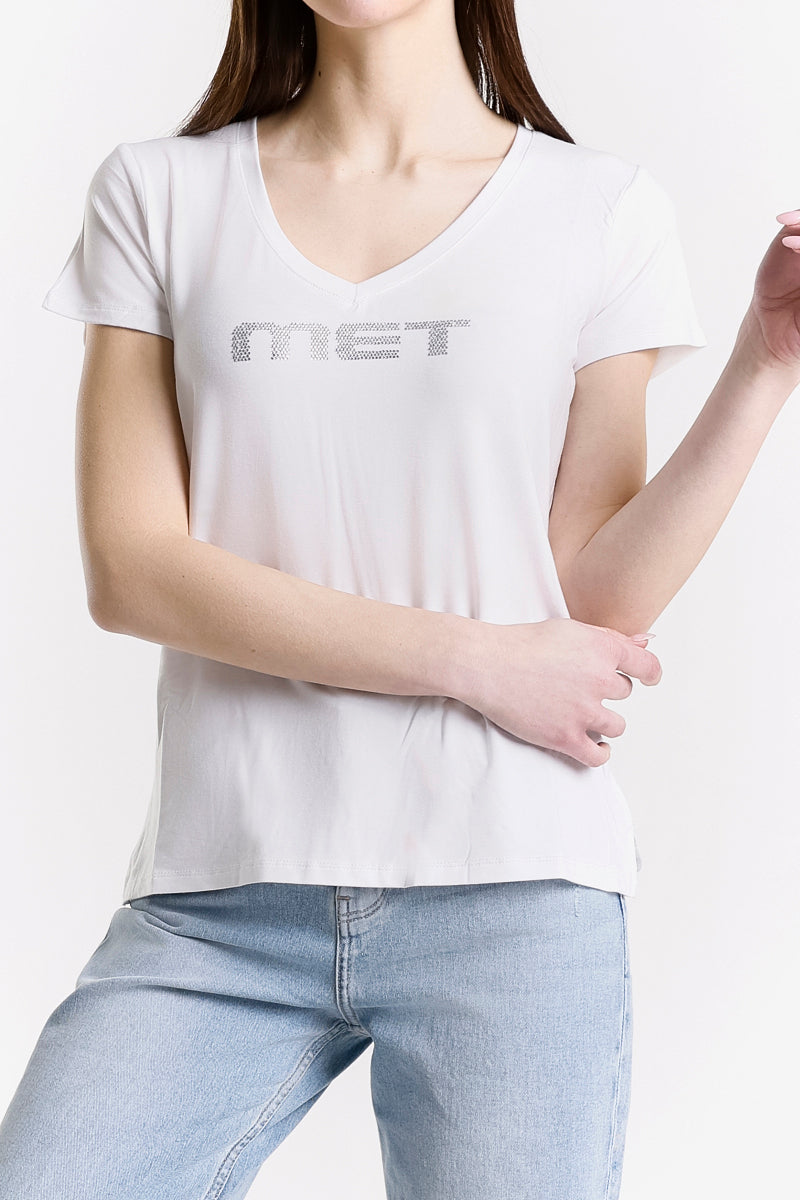 T-SHIRT SCOLLO A V LOGO STRASS