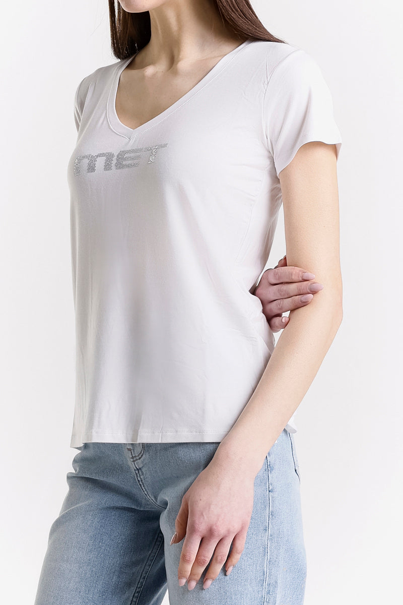 T-SHIRT SCOLLO A V LOGO STRASS