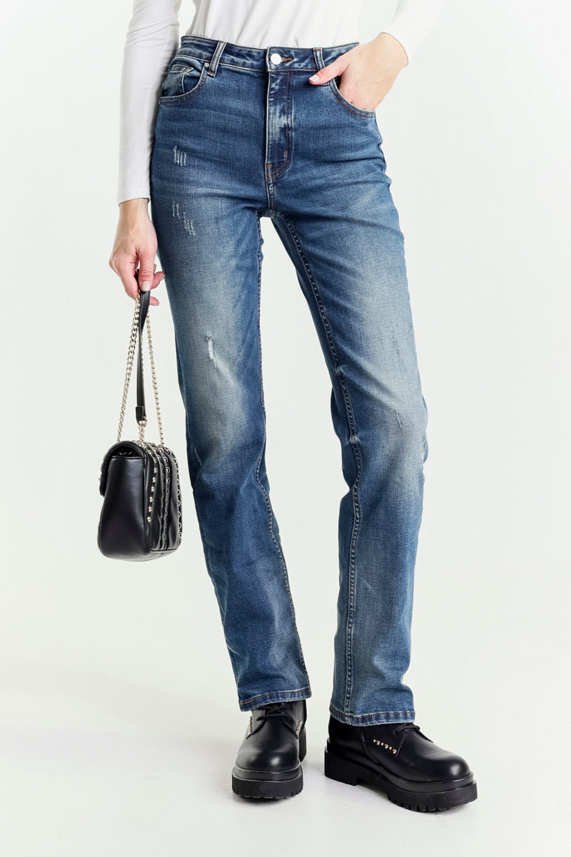 Jeans Gamba Dritta Blu a Vita Alta