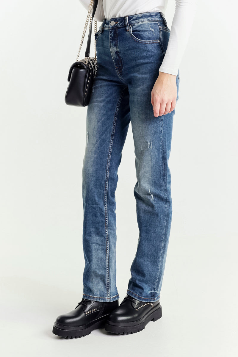 Jeans Gamba Dritta Blu a Vita Alta