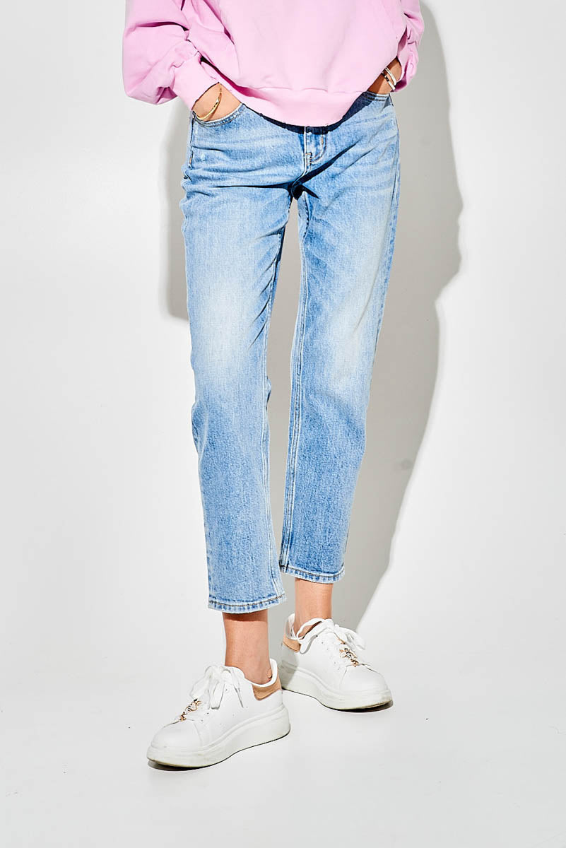 Jeans Mom Fit Blu Chiaro a Vita Regolare con Gamba Crop