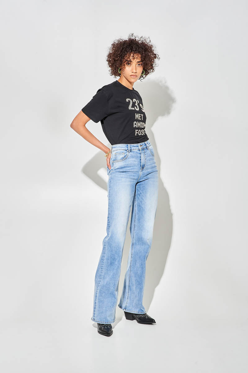 Jeans a Gamba Larga Blu Chiaro a Vita Alta