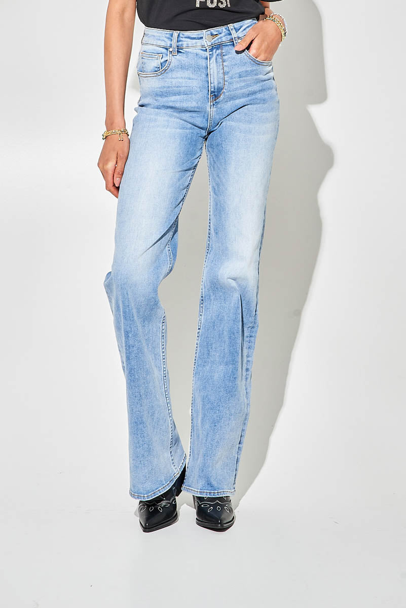 Jeans a Gamba Larga Blu Chiaro a Vita Alta