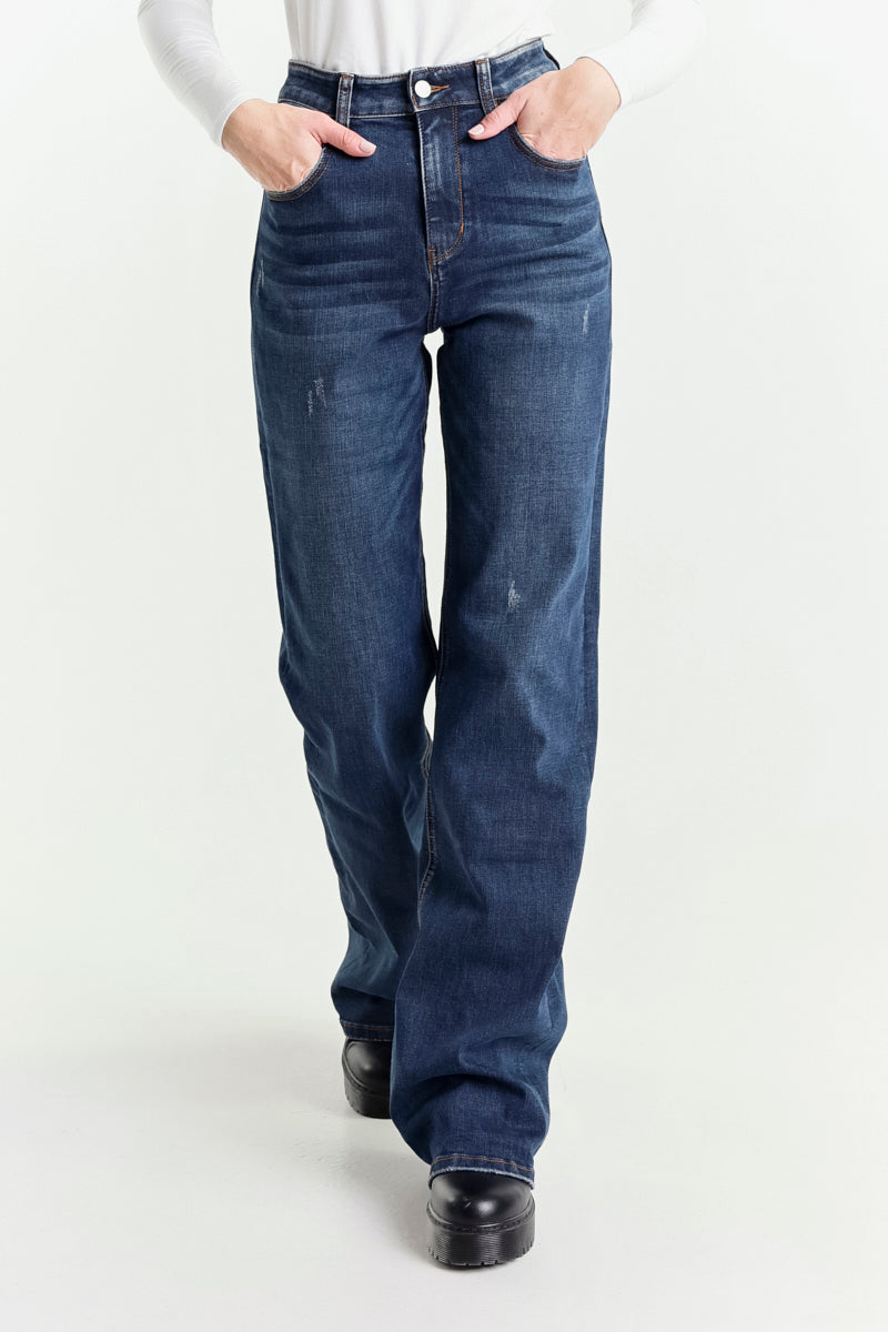 Jeans a Zampa Blu Scuro a Vita Alta