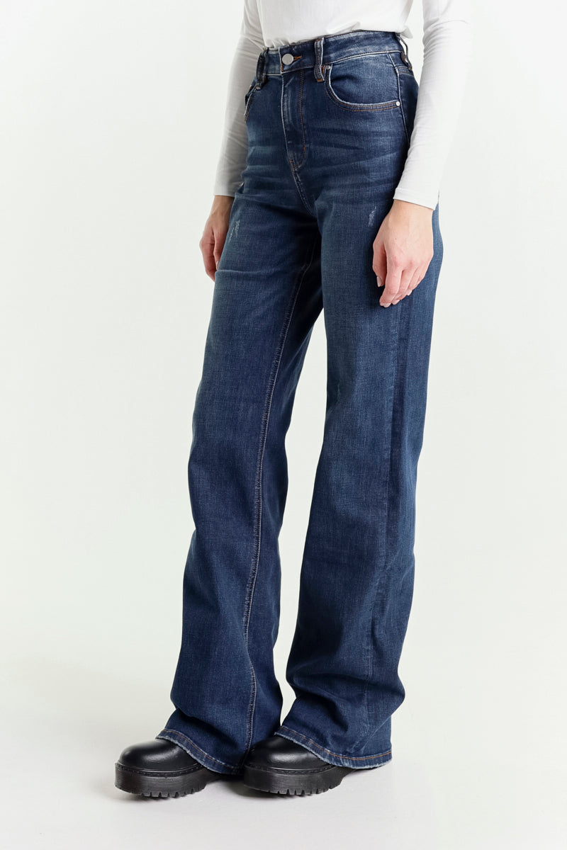 Jeans a Zampa Blu Scuro a Vita Alta
