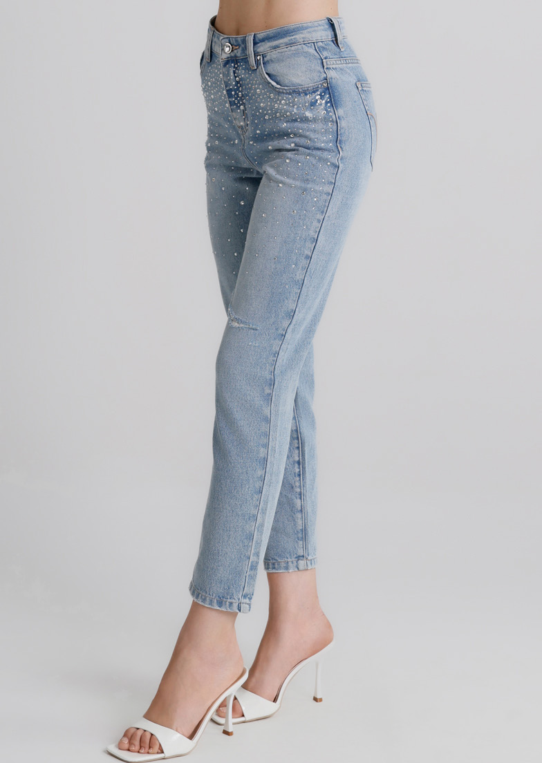 Jeans Donna Straight Fit Denim Chiaro con Strass – Vita Media, Effetto Used