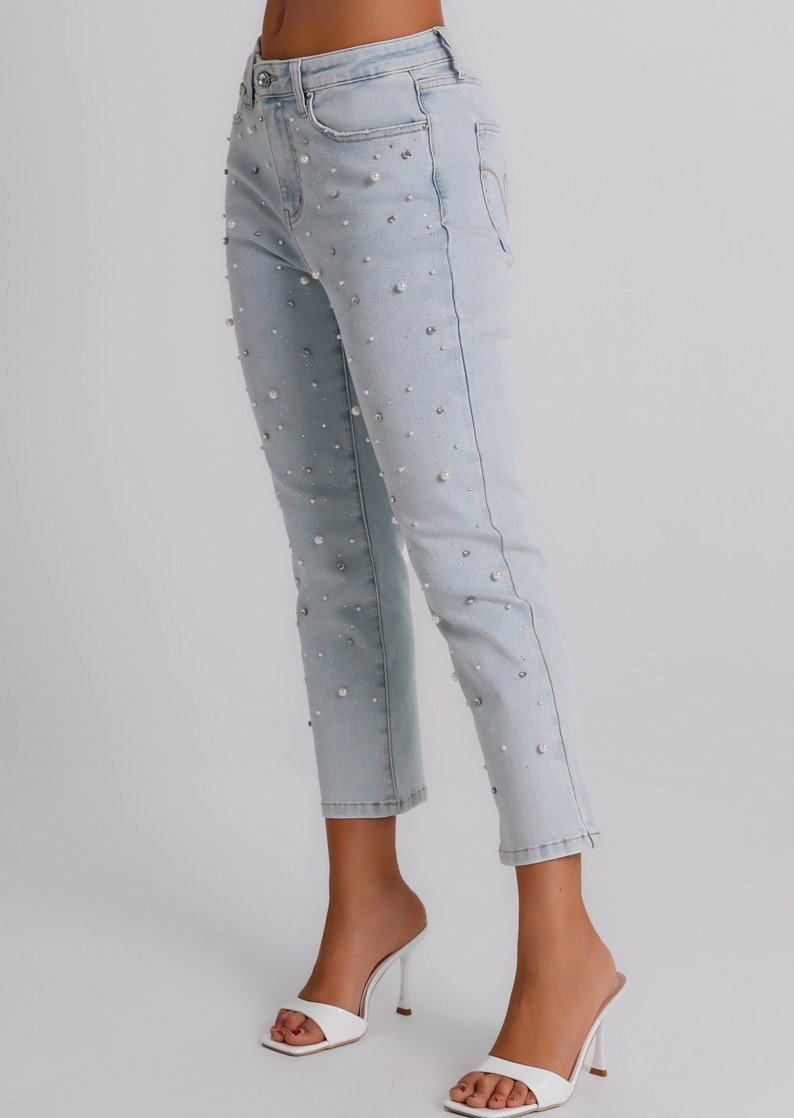 Jeans Donna Boyfriend Fit Denim Chiaro con Perle – Vita Media, Stile Casual Glam