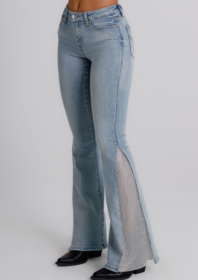 Jeans Donna Flare Fit Denim Chiaro con Inserti Luminosi – Vita Media, Gamba Svasata