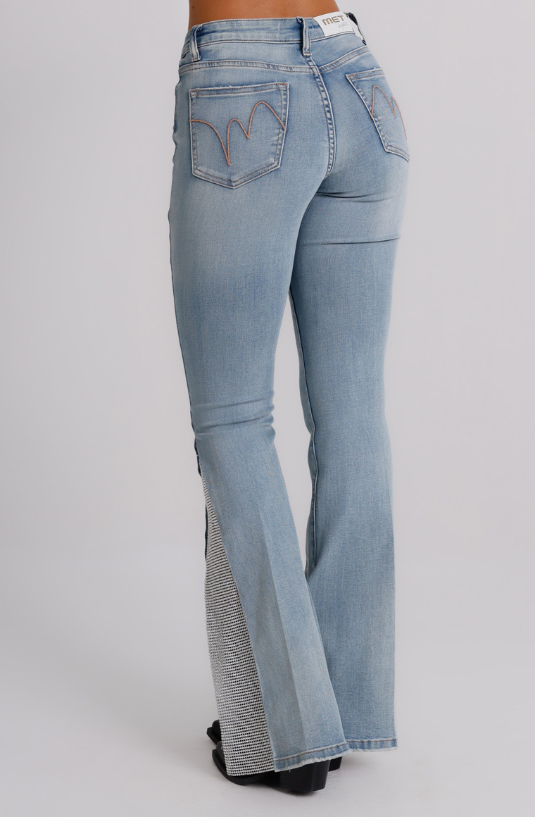 Jeans Donna Flare Fit Denim Chiaro con Inserti Luminosi – Vita Media, Gamba Svasata