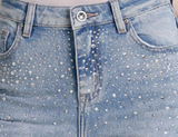 Jeans Donna Straight Fit Denim Chiaro con Strass – Vita Media, Effetto Used