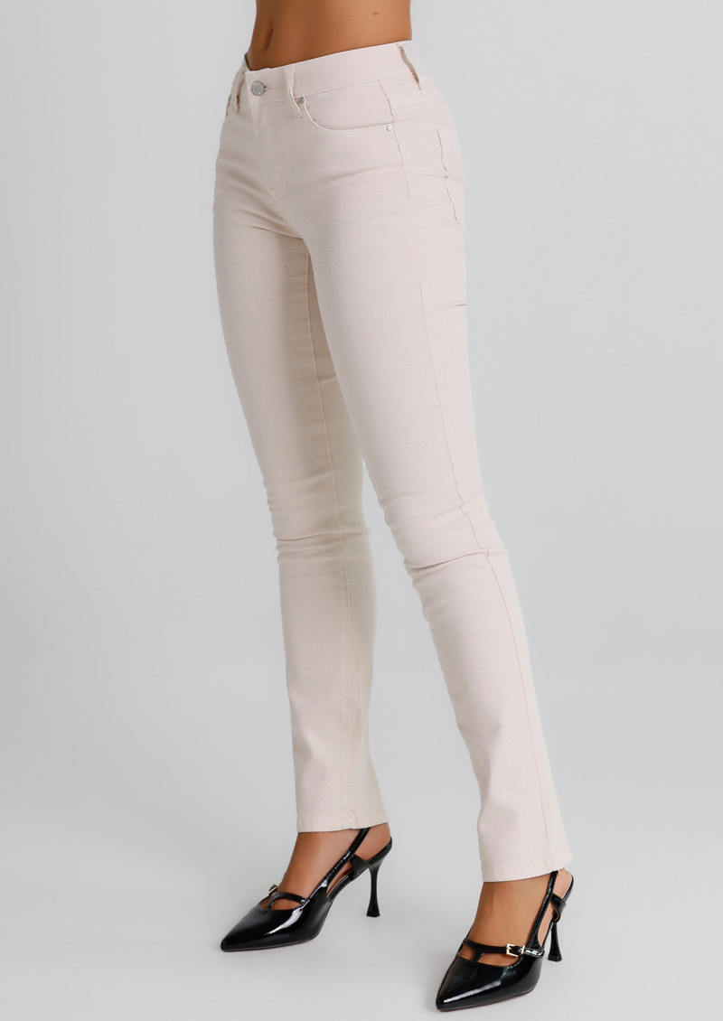 Jeans Donna Straight Fit Beige con Micro Strass – Vita Media, Stile Elegante Moderno