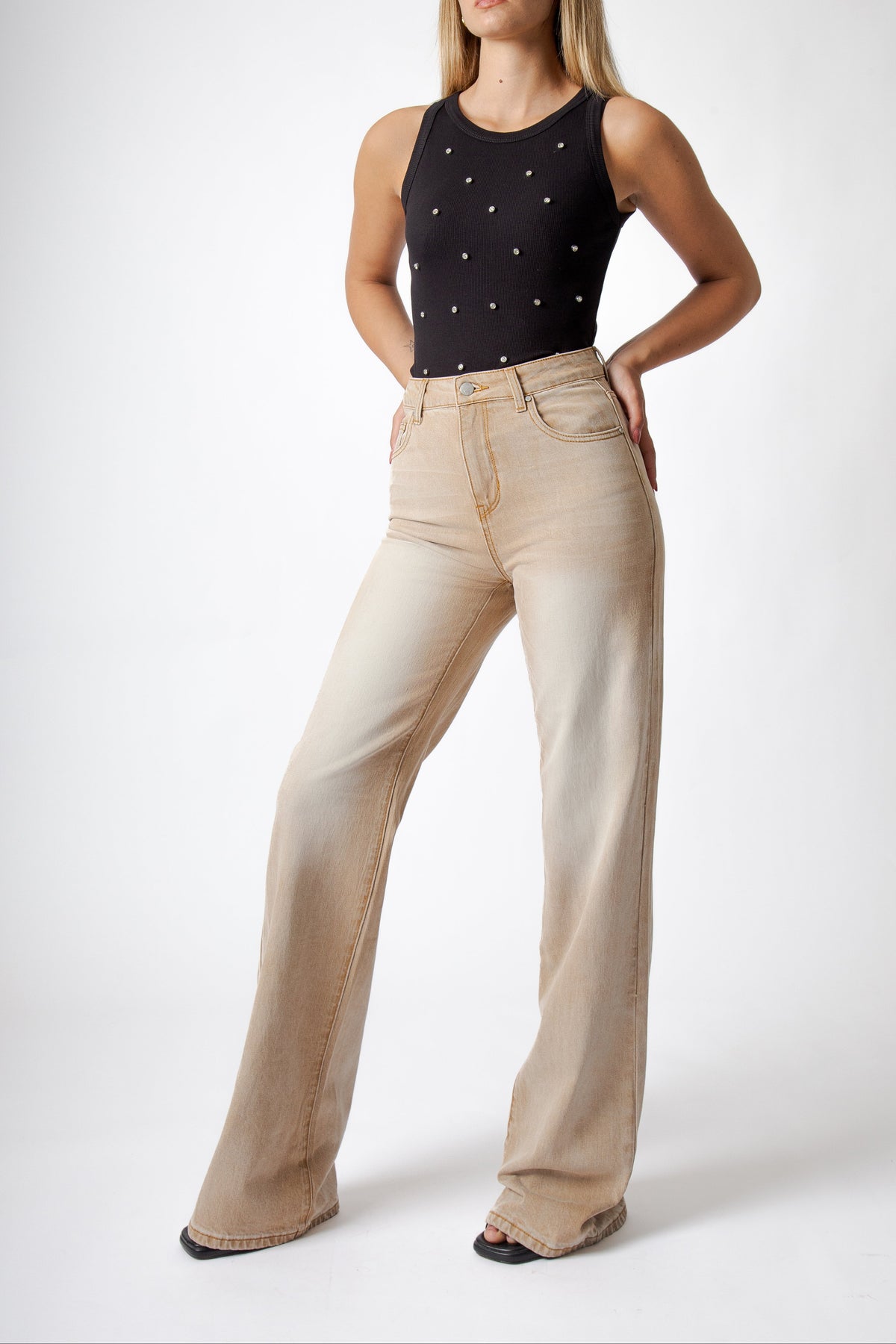 Jeans Donna Straight Fit Beige – Denim Soft Touch a Vita Media, Taglio Moderno