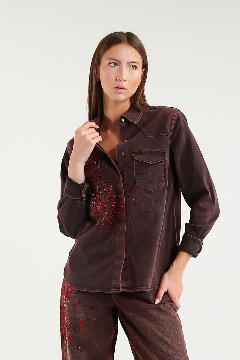 Camicia Denim Bordeaux con Pietre rosse