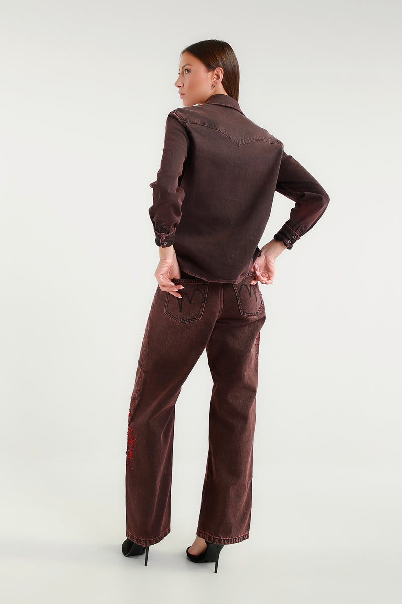 Camicia Denim Bordeaux con Pietre rosse