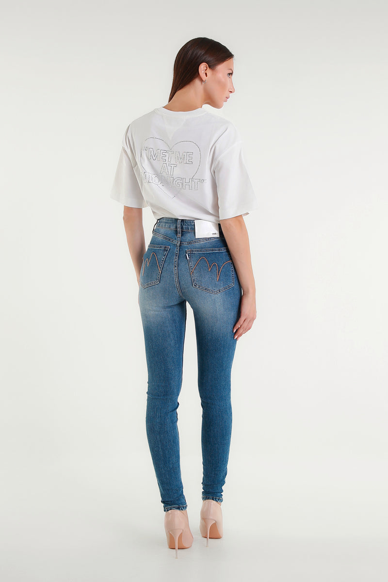 Jeans Cara Skinny Blu Medio a Vita Alta