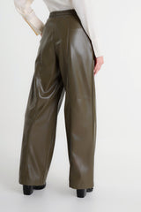 Military green faux leather palazzo trousers