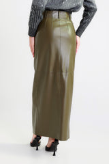 Green Faux Leather Midi Skirt with Front Zip