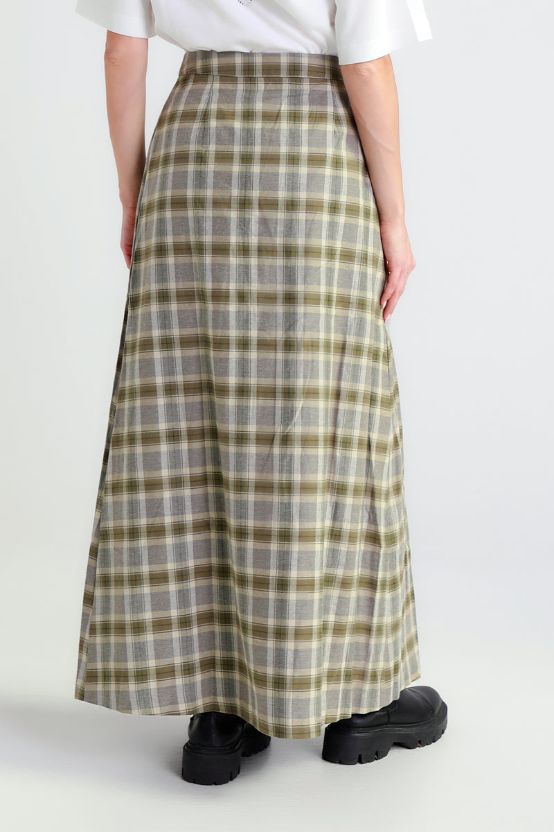 Gonna lunga a pieghe tartan con spacco laterale