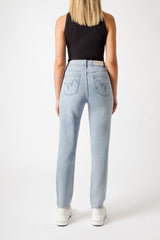 Jeans Donna Straight Fit Denim Chiaro con Strass – Vita Media, Effetto Used
