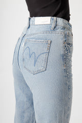 Jeans Donna Straight Fit Denim Chiaro con Strass – Vita Media, Effetto Used