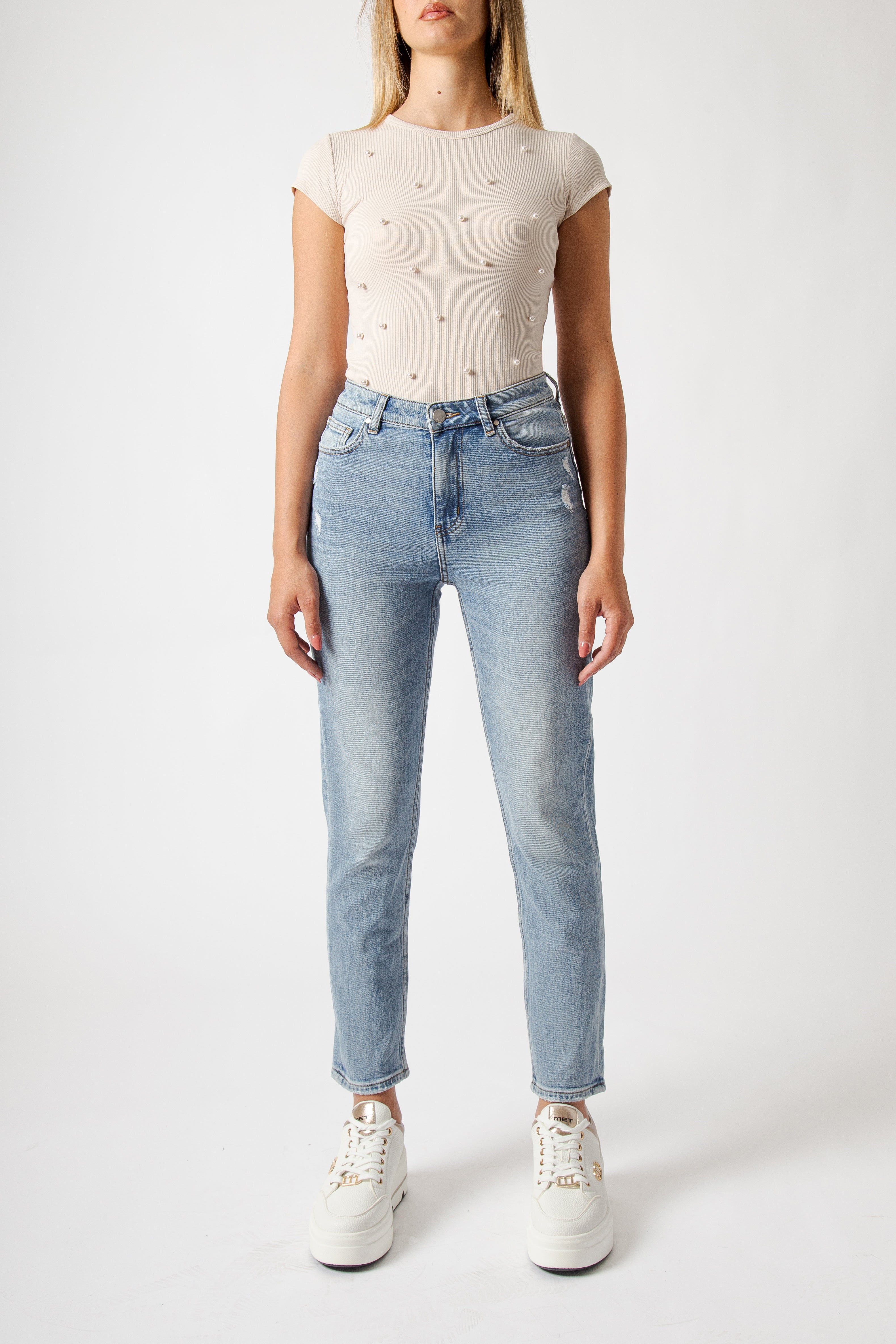 Light Blue Regular Waist Mom Fit Jeans with Crop Leg