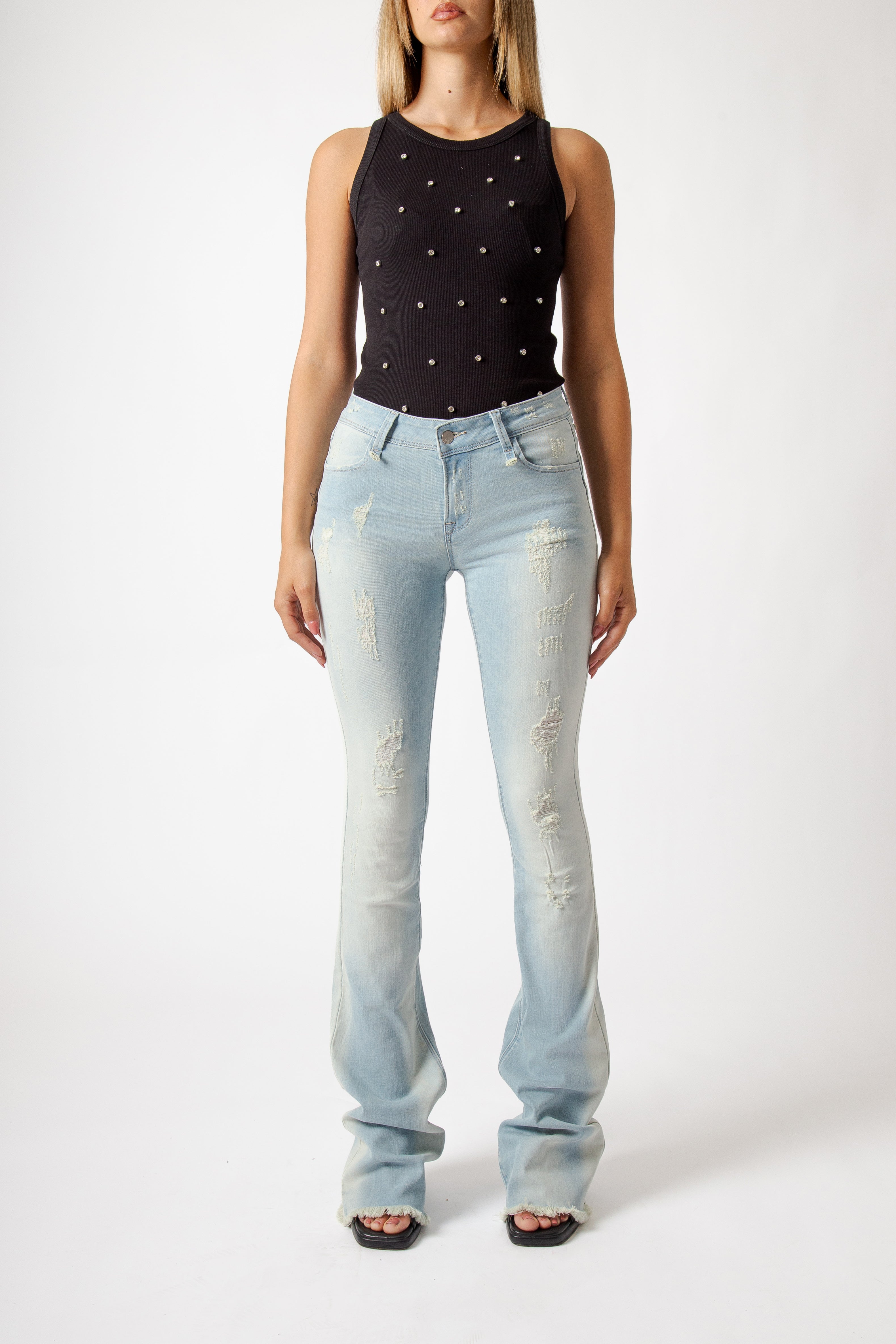 Jeans Donna Wide Leg Destroyed – Denim Chiaro Effetto Vintage