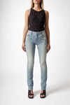 Blue Regular-Waist Straight Jeans with Ripped Knees