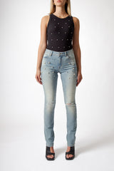 Blue Regular-Waist Straight Jeans with Ripped Knees