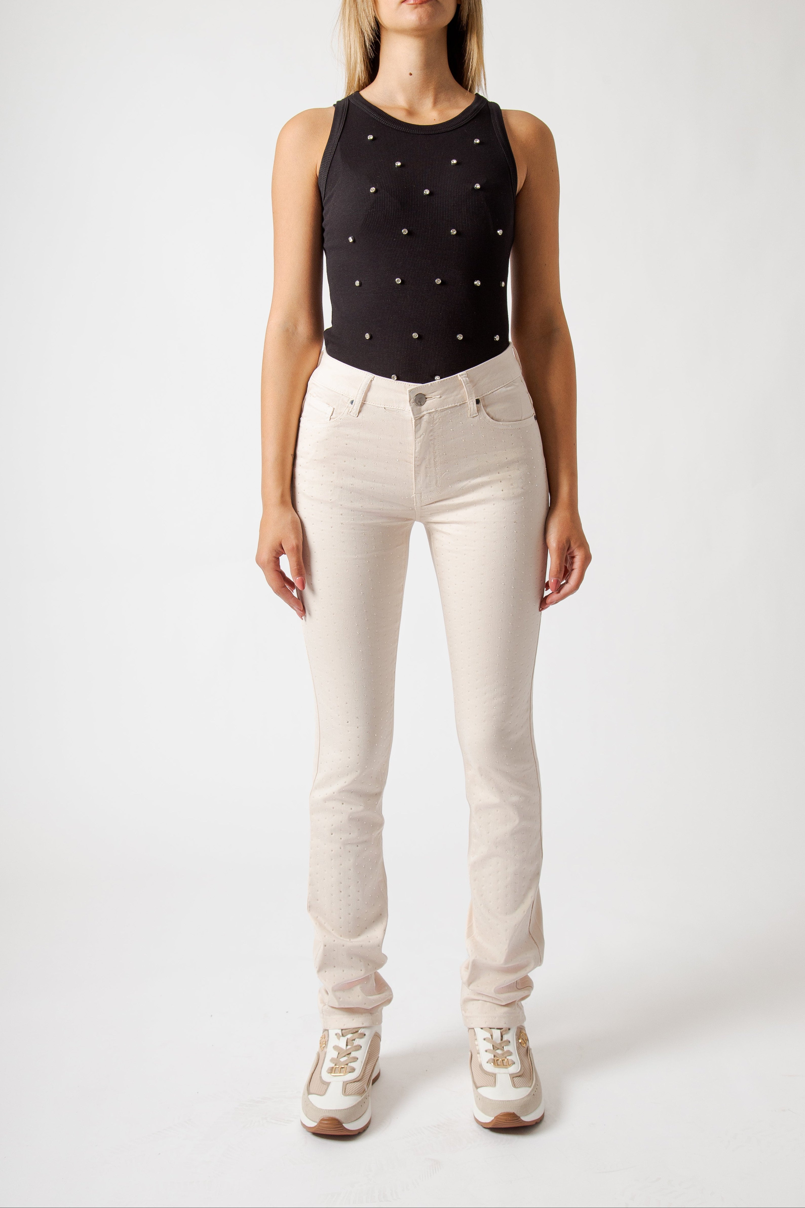 Jeans Donna Straight Fit Beige con Micro Strass – Vita Media, Stile Elegante Moderno
