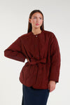 Burgundy quilted jacket with waist belt