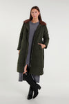 Long green down jacket with belt and fur cape