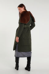 Long green down jacket with belt and fur cape