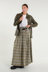 Long pleated tartan skirt with side slit