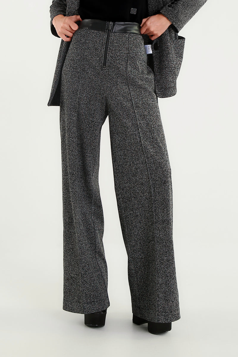 Pantaloni Grigi A Vita Alta Con Dettaglio In Ecopelle