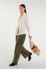 Military green faux leather palazzo trousers