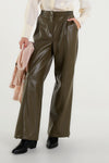 Military green faux leather palazzo trousers