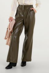 Military green faux leather palazzo trousers