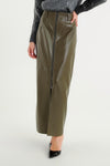 Green Faux Leather Midi Skirt with Front Zip