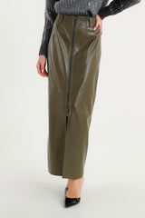 Green Faux Leather Midi Skirt with Front Zip