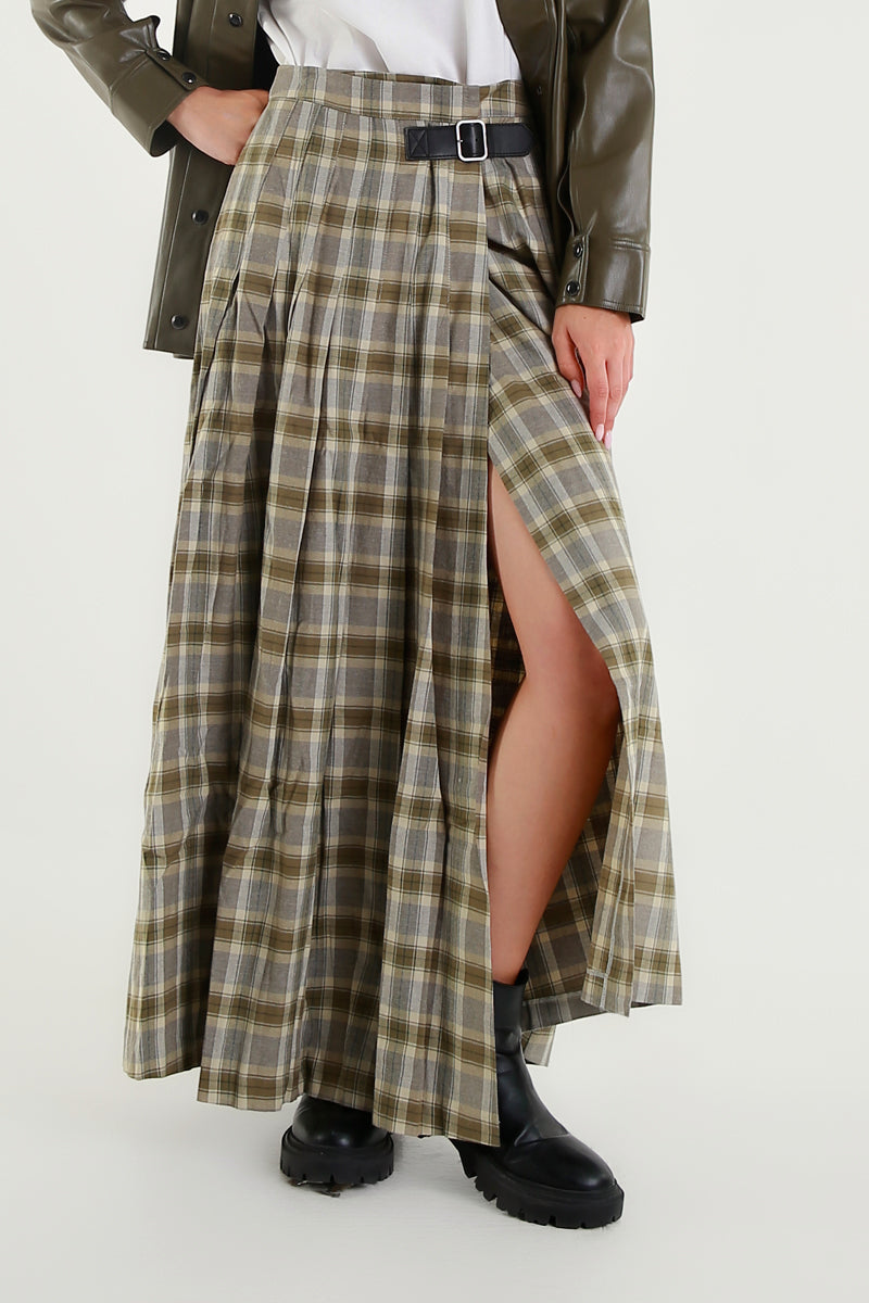 Gonna lunga a pieghe tartan con spacco laterale