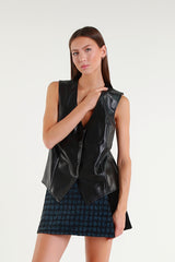 Black Faux Leather V-Neck Vest
