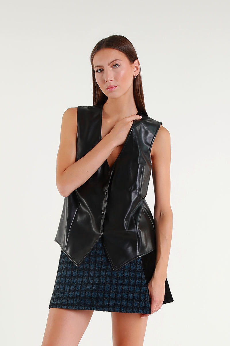 Gilet Nero In Ecopelle Con Scollo A V