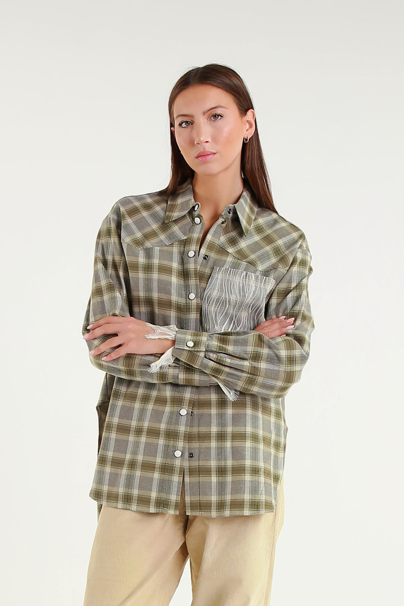 Camicia Verde A Quadri Con Taschino In Contrasto