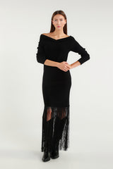 Black Long Dress With Boat Neck And Fringes