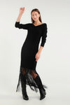 Black Long Dress With Boat Neck And Fringes