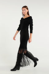Black Long Dress With Boat Neck And Fringes