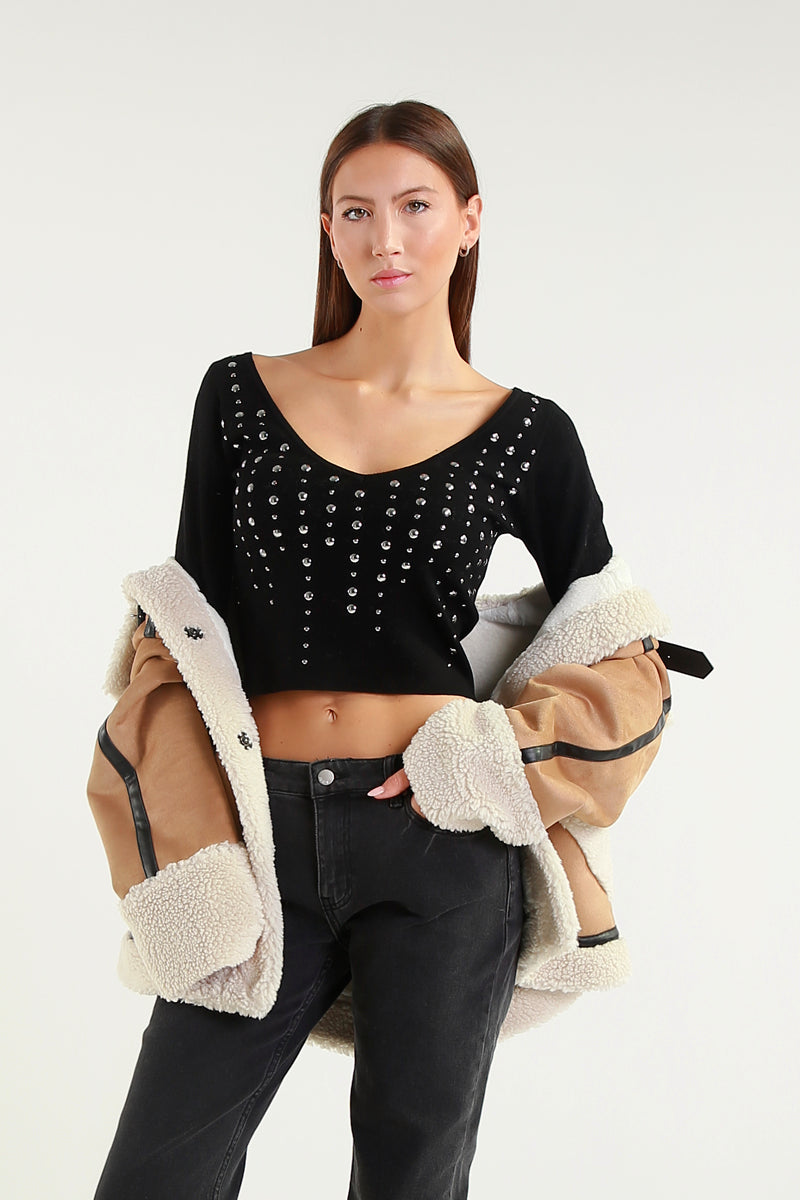 Maglia Crop Nera con Strass