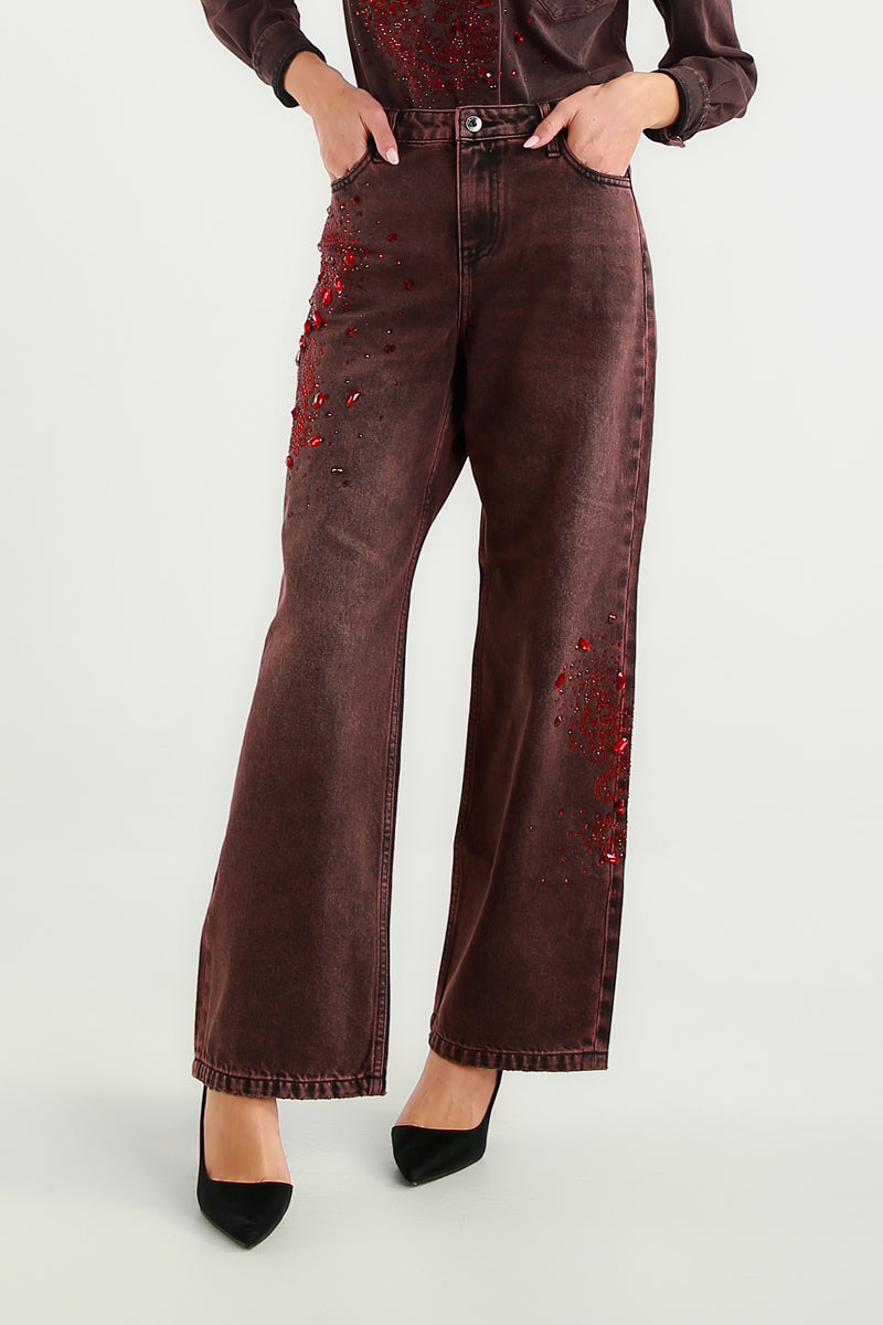 Jeans Straight Fit Bordeaux con Pietre