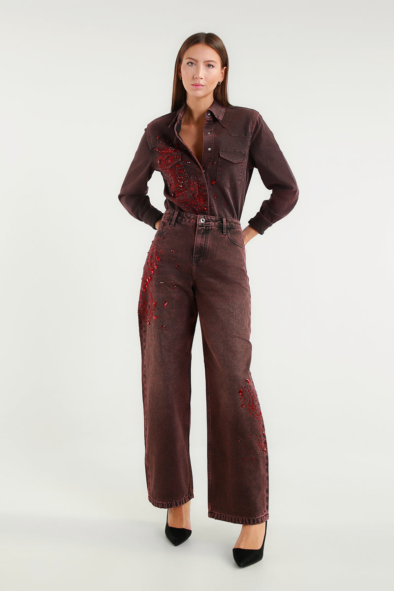 Camicia Denim Bordeaux con Pietre rosse
