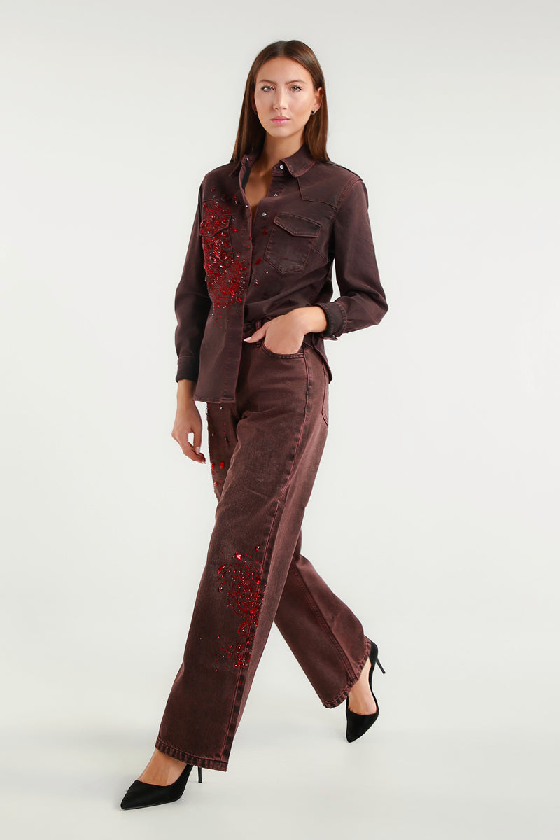 Camicia Denim Bordeaux con Pietre rosse